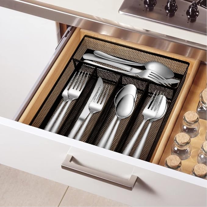 Silverware Tray for Drawer, Silverware Organizer, Metal Drawer Organizer Kitchen Utensils with Foam Feet Multi Compartments Cutlery Organizer in Drawer (BLACK)