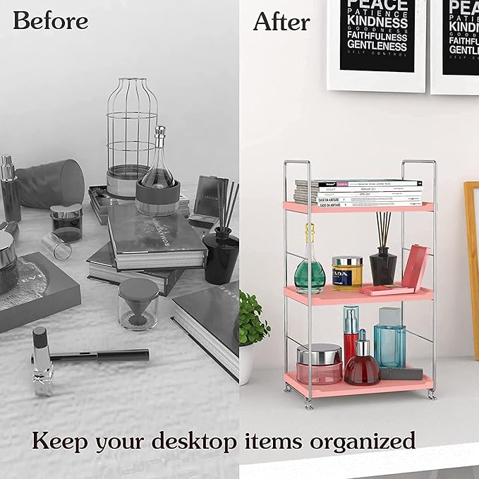 Cosmetic Storage Rack for Bathroom Countertop, 3-Tier Standing Shelf for Kitchen Organizer, Stackage Perfume and Bath Collection Organizer Tray (Pink&Silver)
