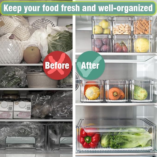Stackable Refrigerator Organizer Bins with Lids, Fridge Organization and Storage Containers, BPA-Free Plastic Pantry Bins for Fruits, Vegetable, Drinks With Drain Tray, Set Of 10