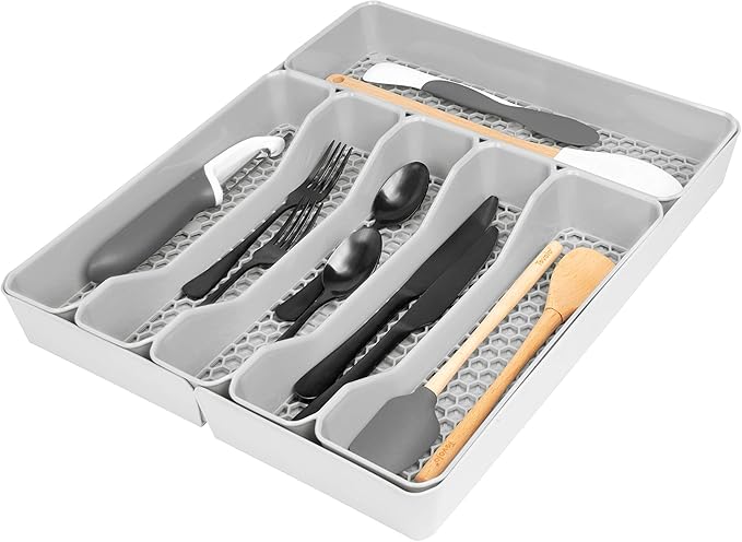 Spectrum Hexa 6-Divider Expandable Silverware Tray (Stone Gray) - in-Drawer Organizer for Kitchen Accessories, Cutlery, Knives, & More/Easy-to-Clean Home & Apartment Essential