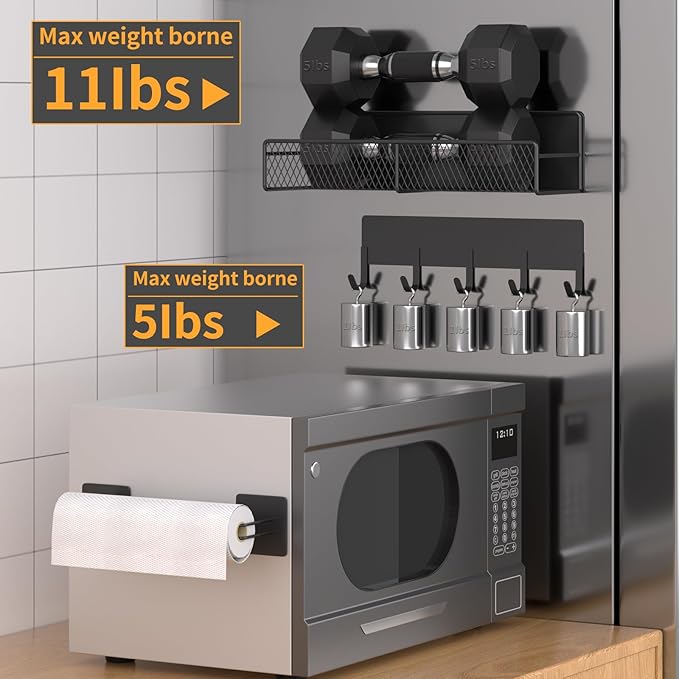 Magnetic Spice Rack for Refrigerator, 10 Pack Metal Magnetic Shelf, Moveable Spice Organizer with Hook Rack, Paper Towel Holder, Kitchenware Holder, Strong Magnetic Storage Fridge Organizer Black