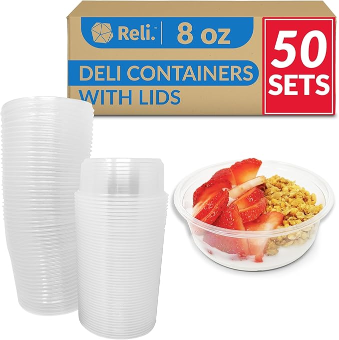 Reli. Deli Containers with Lids (50 Sets), 8 oz | Plastic Deli Containers with Lids 8oz | Disposable To Go Food Storage | Microwave & Freezer Safe (Clear)