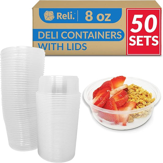 Reli. Deli Containers with Lids (50 Sets), 8 oz | Plastic Deli Containers with Lids 8oz | Disposable To Go Food Storage | Microwave & Freezer Safe (Clear)