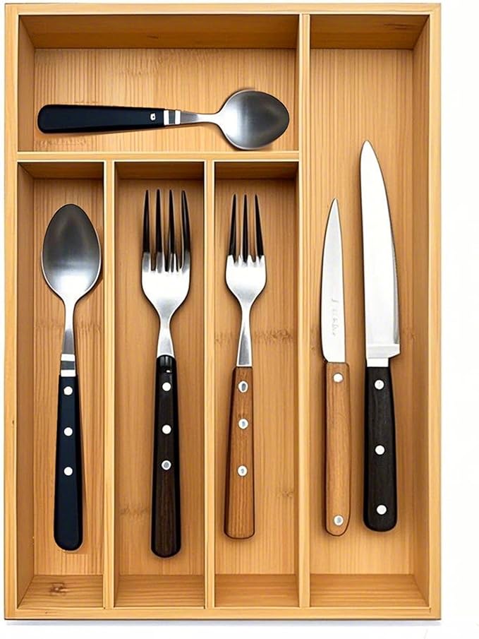Kitchen Bamboo Silverware Drawer Organizer，Silverware Organizer and Cutlery Tray with Grooved Drawer Dividers for Silverware, Knives in Kitchen, Bedroom (5 Slot-Natural)