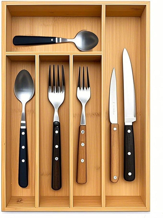Kitchen Bamboo Silverware Drawer Organizer，Silverware Organizer and Cutlery Tray with Grooved Drawer Dividers for Silverware, Knives in Kitchen, Bedroom (5 Slot-Natural)