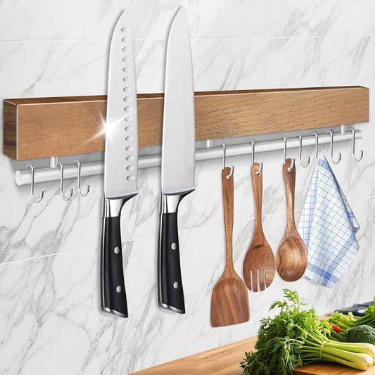 17 Inch Magnetic Knife Holder for Wall - Pailexin Wooden Magnet Knife Strip No Drill with 10 Hooks/Adhesive Tape/Screws, Kitchen Utensil Holder, Magnetic Knife Organizer, Wall Mounted Knife Storage