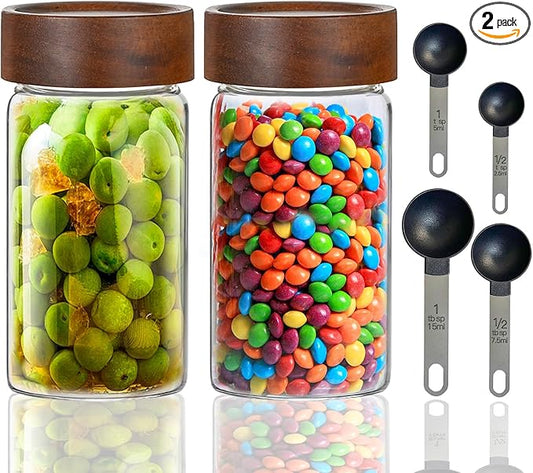 27oz Glass Storage Jars with Airtight Wooden Screw Lid, Set of 2,Coffee Sugar Container Set with Wooden Lid, and 4pack Stainless Steel Measuring Spoons,for Beans, Oatmeal, Sugar and etc
