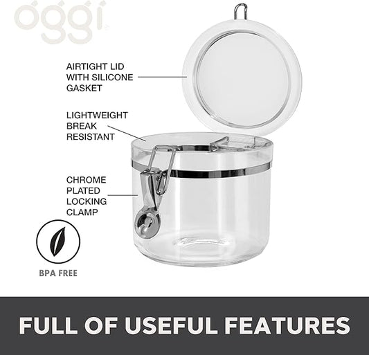 Oggi Clear Canister with Clamp Lid, 28 oz - Large Airtight Food Storage Container, for Kitchen & Pantry Storage of Bulk, Dry Foods Including Pasta, Flour, Sugar, Coffee, Rice, Tea, Spices & Herbs