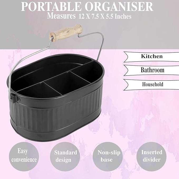CLEENTABLE Rustic Galvanized Utensil Caddy - Farmhouse Silverware Holder for Kitchen, Dining, Picnic, Parties - Matte Black, 12-Inch, Durable Cutlery Organizer with Handle, Countertop Storage