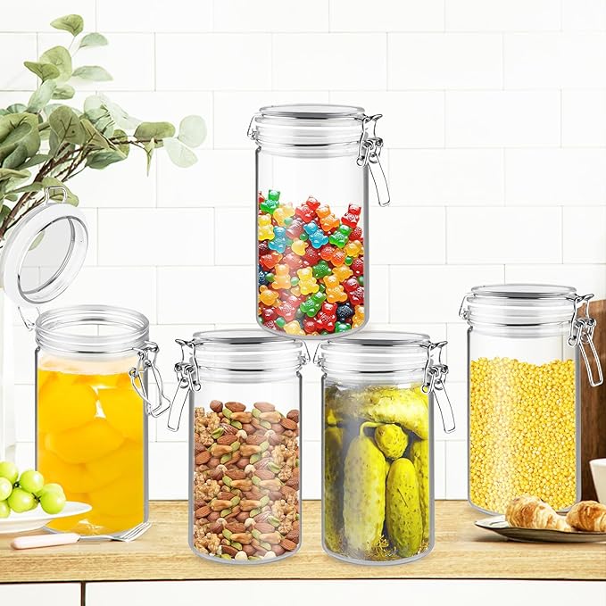 2 Pack 33OZ/1000ml Plastic Storage Containers with Lids Large Plastic Jar with Locking Clamp Acrylic Canisters For Nuts Sugar Coffee Candy Cookie Spices And More
