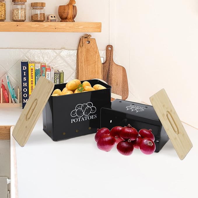 Potato Onion Kitchen Storage Canisters,Storage Bin For Kitchen 2 Pack Set,potatoe, Potato Storage Box，storage And Long Shelf Life With Aerating Tin Storage Holes-Black