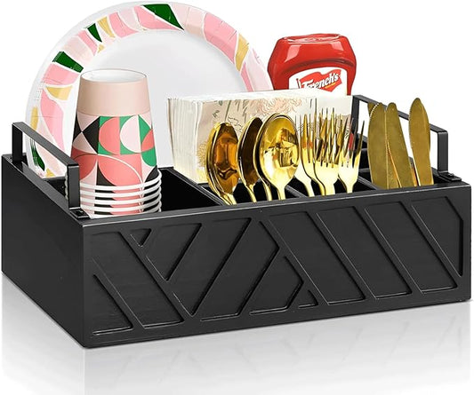 Paper Plate Dispenser, Paper Plate Holder for Kitchen Counter, Wood Rustic Silverware Utensil Caddy, Flatware Organizer with 6 Compartments- Plate Caddy for Picnic and Kitchen (Black)