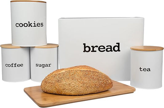 Airtight Metal Canister Set for the Kitchen w Lids and Cutting Board and Lids (10pc Set) - Organize Tea, Sugar, Coffee, Cookie Jar, Snacks, Breadbox with Ease - Kitchen Gift for the Cooking Enthusiast