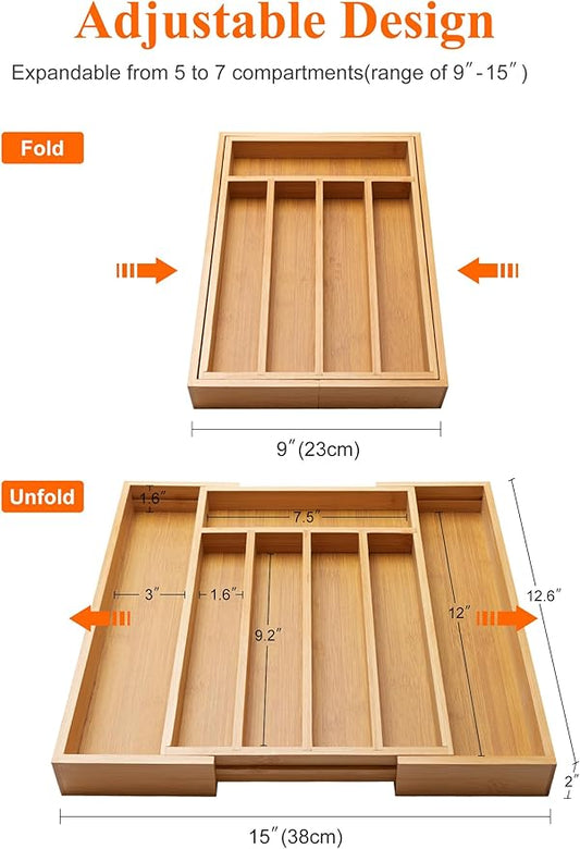 Expandable Large Utensil Drawer Organizer Cutlery Tray Bamboo Kitchen Silverware Organizer Cooking Utensil Tray Holder Adjustable Wooden Flatware Organizer for Drawer Spoon Fork Silverware Tray