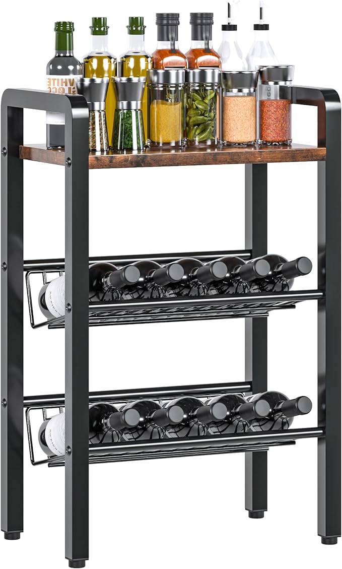 3 Tier Kitchen Countertop Organizer-Shelf -Coffee Shelf with Slanted Metal Mesh & Wood Board, Multi-Functional Spice Rack for Coffee, Bar, Office