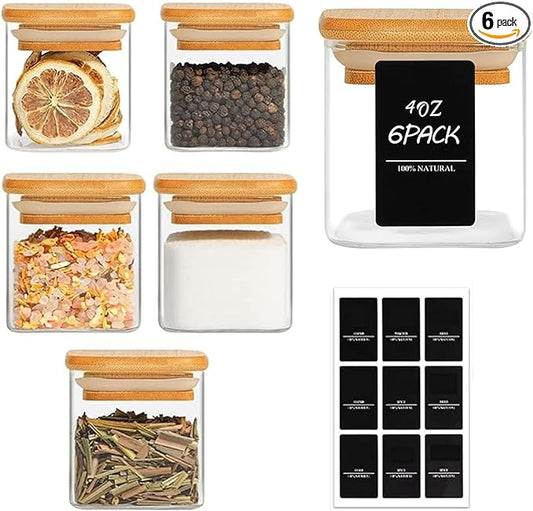 ComSaf Spice Jars with Labels 4 oz 6Pack, Small Spice Containers Starter Set, Glass Seasoning Jars with Lids, Square Seasoning Containers for Salt, Pepper, Chili Powder, Sugar, Ginger Ground, Cumin