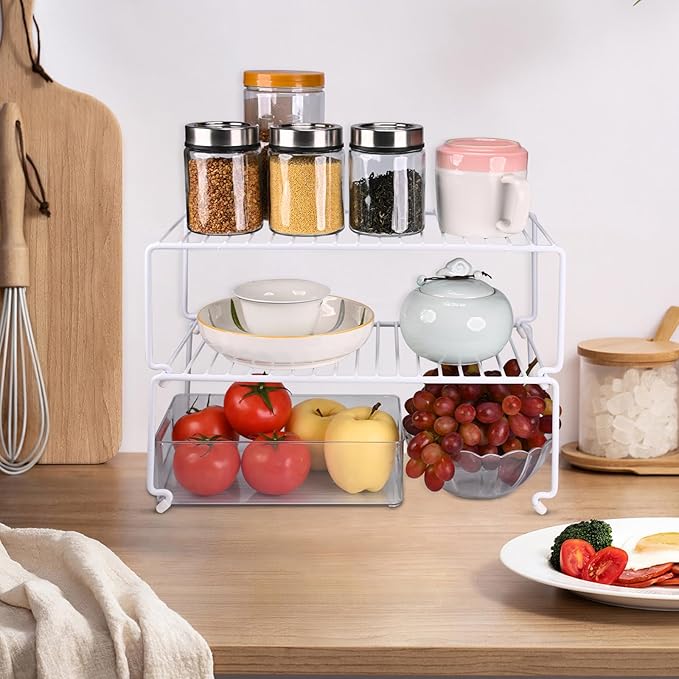 4-Pack Large (15.7x8.54inch) Multi-Level Organizer Rack, Kitchen Shelves for Spice Organization for Cabinet, Pantry Organizers and Storage, Wire Extra Shelf, Desk Organizer, Stackable, White