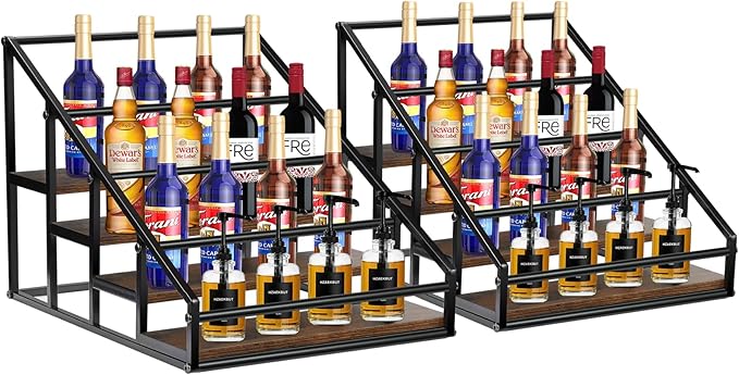 Coffee Syrup Rack Organizer,Liquor Bottle Display Shelf,Water cup display stand,Spice Rack Kitchen Cabinet Organizer,Rustic Brown,2 Packs 4 Tier 16 Bottle Coffee Syrup Holder