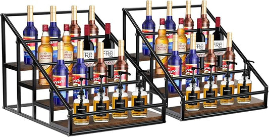 Coffee Syrup Rack Organizer,Liquor Bottle Display Shelf,Water cup display stand,Spice Rack Kitchen Cabinet Organizer,Rustic Brown,2 Packs 4 Tier 16 Bottle Coffee Syrup Holder