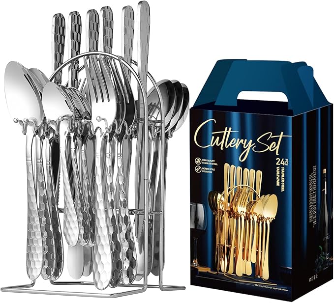 24 Piece Silverware Set with Hanging holder,Stainless Steel Flatware Cutlery Set-Fork Spoon and Knife Service for 6,Kitchen Utensil Tableware Set,Mirror Polished,Dishwasher Safe,Silvery