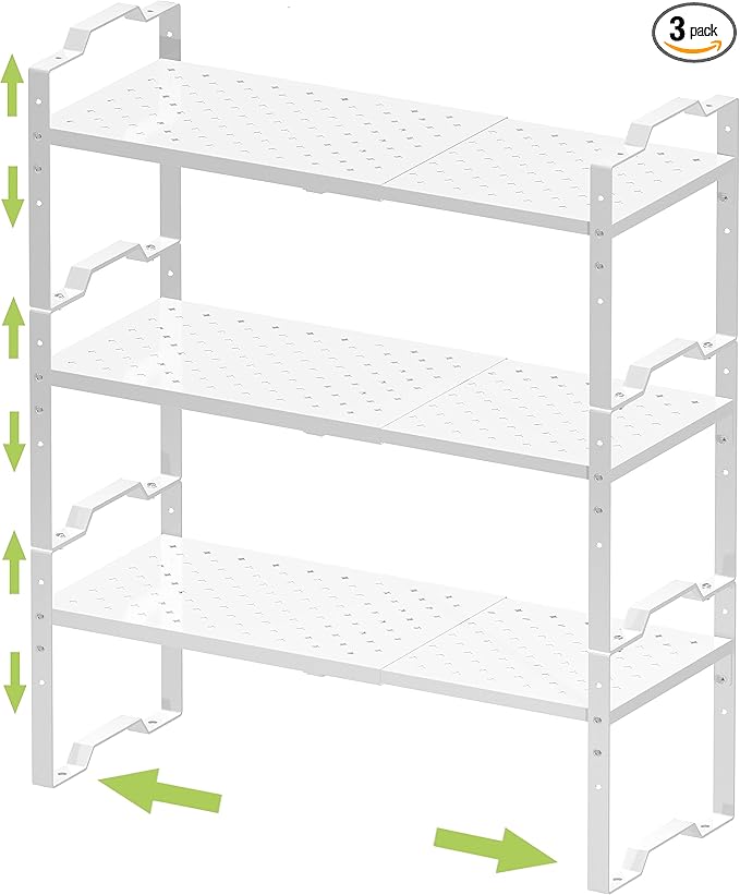Expandable Shelf for Cabinet Organizer Adjustable Stackable Spice Rack at Kitchen and Bathroom More, Counter Countertop Cupboard Organization Pantry Storage(3 Packs/White,Medium)