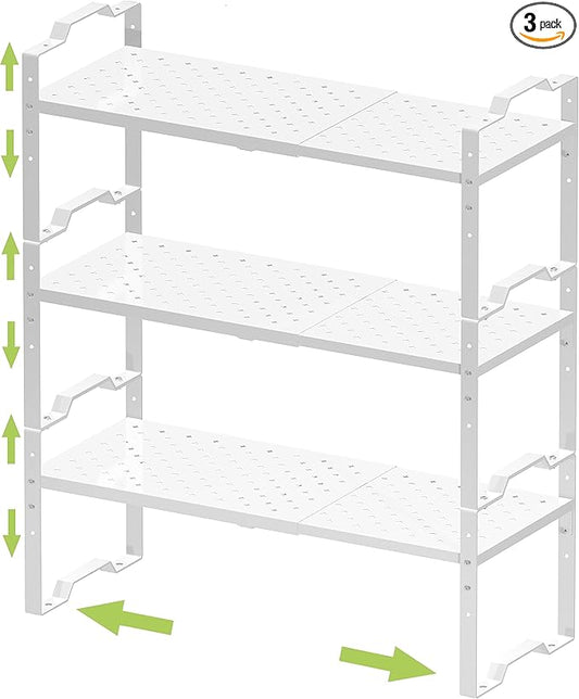 Expandable Shelf for Cabinet Organizer Adjustable Stackable Spice Rack at Kitchen and Bathroom More, Counter Countertop Cupboard Organization Pantry Storage(3 Packs/White,Medium)