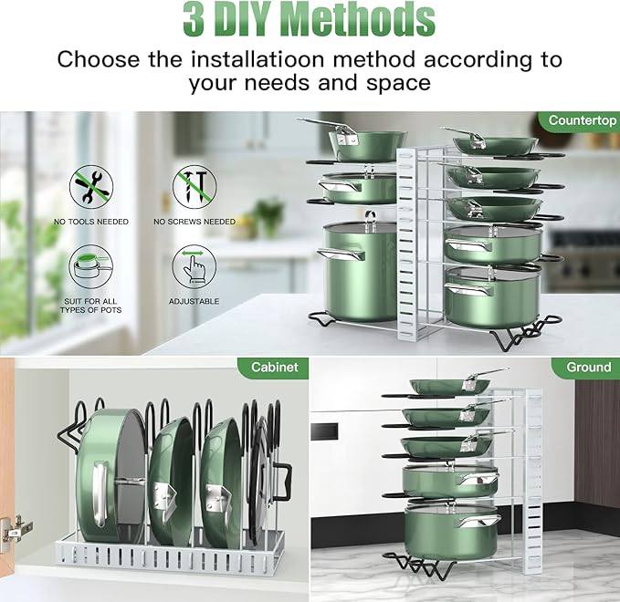 G-TING Pot Rack Organizers, 8 Tiers Pots and Pans Organizer for Kitchen Organization & Storage, Adjustable Pot Lid Holders & Pan Rack, Lid Organizer for Pots and Pans with 3 DIY Methods(Grey)