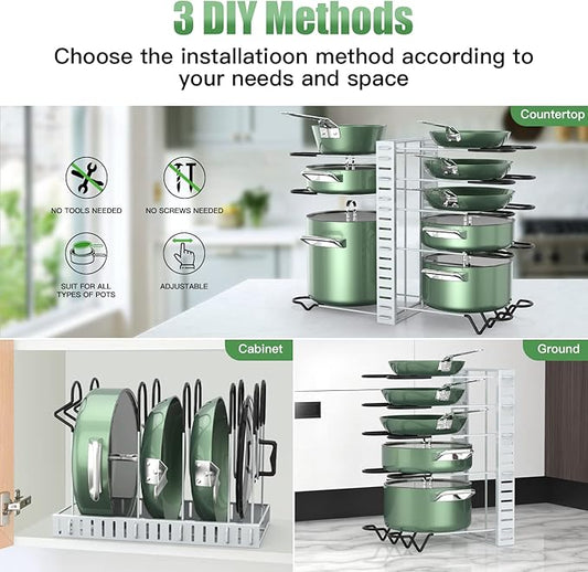 G-TING Pot Rack Organizers, 8 Tiers Pots and Pans Organizer for Kitchen Organization & Storage, Adjustable Pot Lid Holders & Pan Rack, Lid Organizer for Pots and Pans with 3 DIY Methods(Grey)