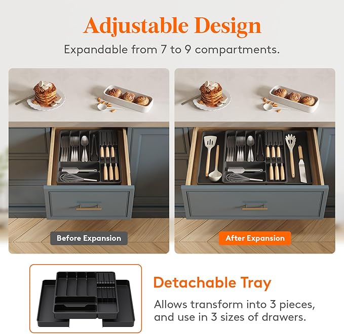 Lifewit Silverware Organizer for Kitchen Drawers, Expandable Utensil Tray with Removable Knife Block, Adjustable Cutlery and Flatware Holder, Plastic Spoon Forks Holder Storage Divider, Large, Black