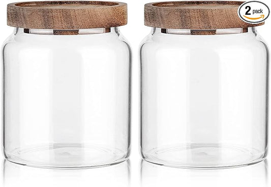 Labina Glass Storage Container Airtight Food Jars Kitchen Canister with Wood Lids, 20 Oz Wide Mouth Pantry Organization Glass Jar for Flour, Sugar, Cookie, Spagetti, Nuts and Candy (2 Pack)