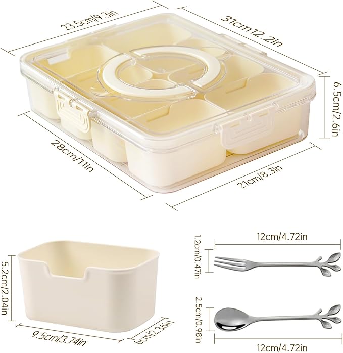 Snackle Box Container: Divided Serving Tray with Lid and Handle, Includes 8 Compartments for Dry Fruit Snack Box, Portable Fruit Tray Great for Kitchen, Party, Picnic, Travel
