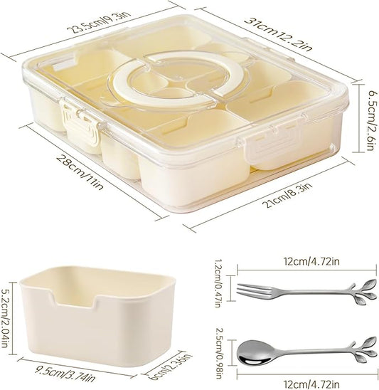 Snackle Box Container: Divided Serving Tray with Lid and Handle, Includes 8 Compartments for Dry Fruit Snack Box, Portable Fruit Tray Great for Kitchen, Party, Picnic, Travel