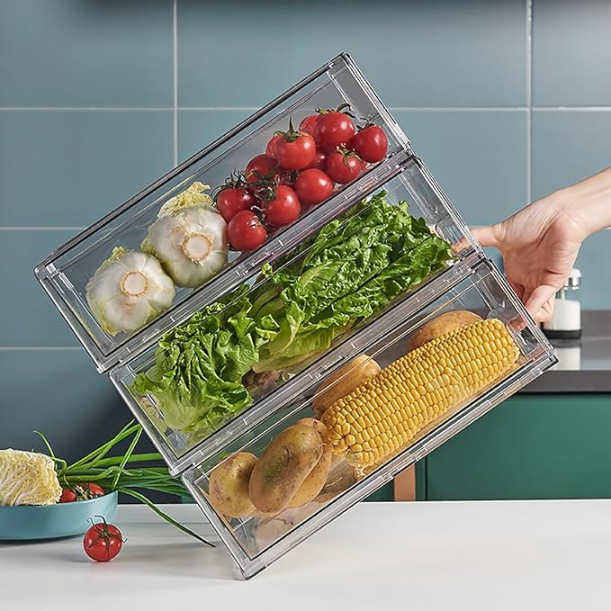 MANO 2Pack Clear Fridge Drawers Pull Out Stackable Refrigerator Drawer Organizer Bins Pantry Storage Box Plastic Food Containers for Kitchen Bathroom Office Closet (2pack Large)