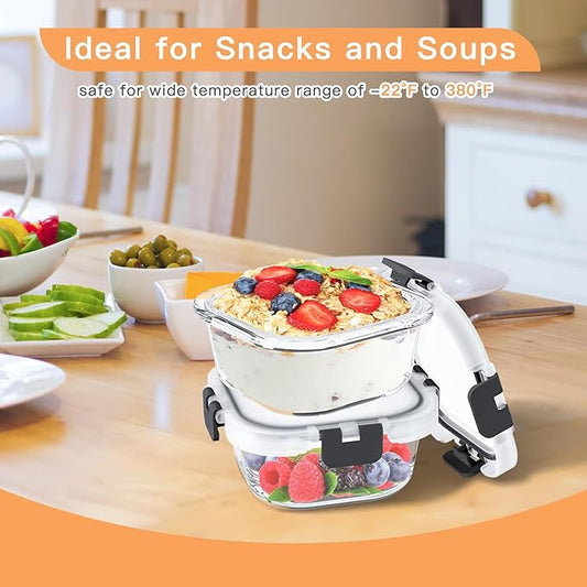 2 Pack 11oz Glass Meal Prep Containers Reusable, Food Storage Container with Lids, Snack Containers, Glass Lunch Containers for Fruits and Meals