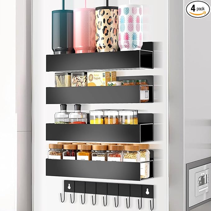 Magnetic Spice Rack Organizer for Fridge Seasoning Organizer for Kitchen storage with Screw or Adhesive Hanging,Magnetic Shelf with Hook for Refrigerator and Oven (Black-non-hollow, 4pack)