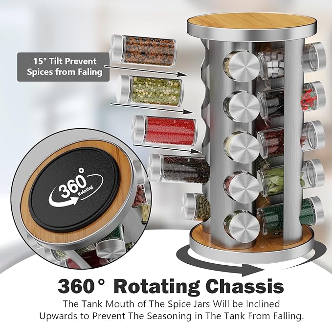 Rotating Spice Rack Organizer, Spice Tower for Countertop, Revolving Spice Rack Set for Cabinet, Silver Steel Kitchen Seasoning Organizer with 20 Jars and Funnel