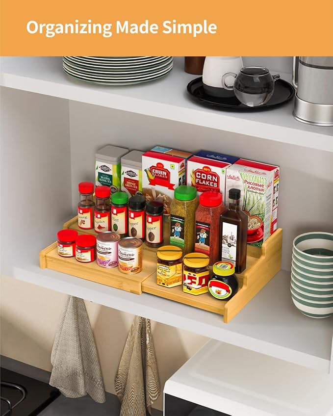 Spice Rack Organizer, 3 Tier Expandable Bamboo Spice Rack Organizer, Great for Kitchen Cabinet, Cupboard, Pantry and More-Bamboo