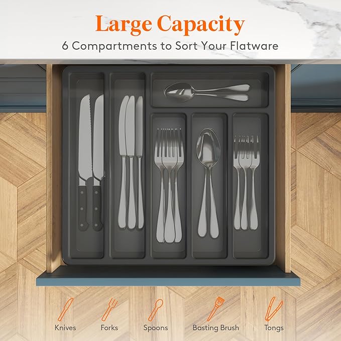 Lifewit Silverware Organizer with Lid, Covered Utensil Tray for Kitchen Drawer and Countertop, Plastic Cutlery and Flatware Storage Box for Spoons Forks Knives Holder, 6 Compartments, 2 Pack, Black
