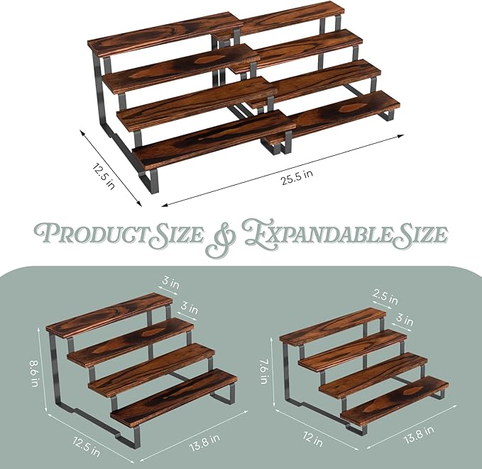 4 Tier Expandable Spice Rack Organizer (13.8” to 26”) Display Riser Stand, Kitchen Cabinet Countertop Pantry Coffee Bar Display Shelf for Spice, Liquor, Figure (2Pack-4Tier-Rustic Brown)