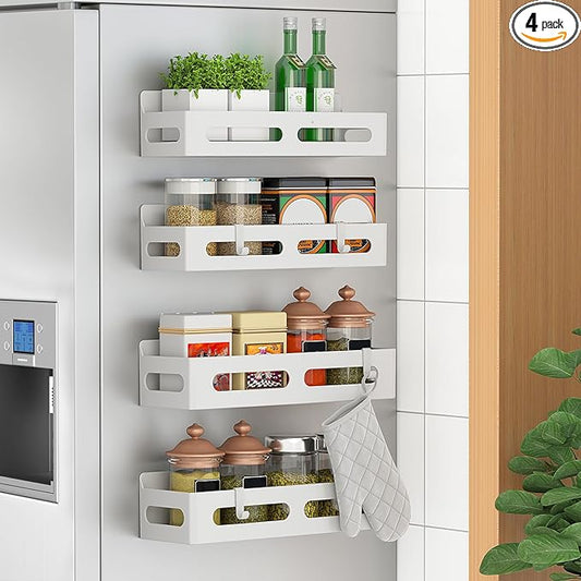 4 Pack Magnetic Spice Rack for Refrigerator, Moveable Magnetic Shelf Fridge Organizer with 4 Hooks and 2 Hanging Cups for Kitchen Organization, White