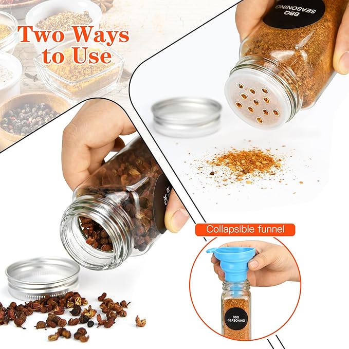 DkOvn 24pcs Glass Spice Jars, 4oz Empty Spice Jars with Metal Caps, Labels, Shaker Lids, Collapsible Funnel, Chalk Pen, Seasoning Organizer for Spice Rack(24pcs 4oz Set)