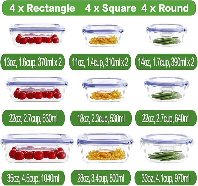 HOMBERKING 24pc Glass Food Storage Containers with Lids, Glass Meal Prep Containers, Airtight Glass Bento Boxes, BPA Free & Leak Proof, Pantry Kitchen Storage(12 lids & 12 Containers) - Purple