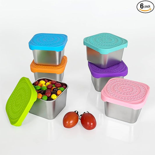 F.Y.Dreams 304 Stainless Steel Snack Containers for Kids, (6oz, Set of 6) Stackable Small Food Containers with Leakproof Silicone Lids, Metal Toddler Lunch Boxes for Daycare and School