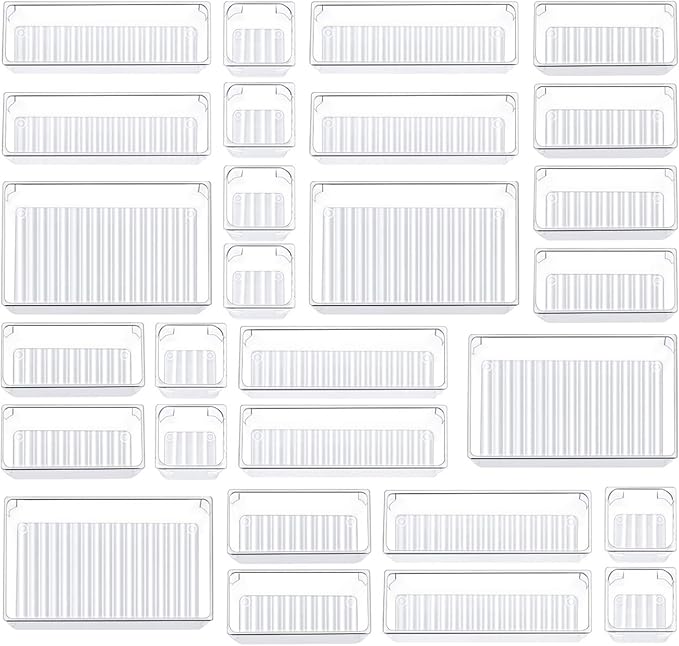 Kootek 28 Pcs Drawer Organizer Set, 4-Size Bathroom Vanity Trays Makeup Desk Dividers Versatile Storage Bins Clear Plastic Container for Dresser, Bedroom, Kitchen, Office
