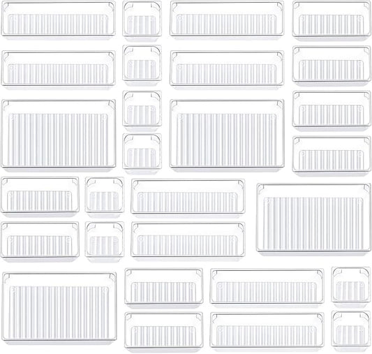 Kootek 28 Pcs Drawer Organizer Set, 4-Size Bathroom Vanity Trays Makeup Desk Dividers Versatile Storage Bins Clear Plastic Container for Dresser, Bedroom, Kitchen, Office