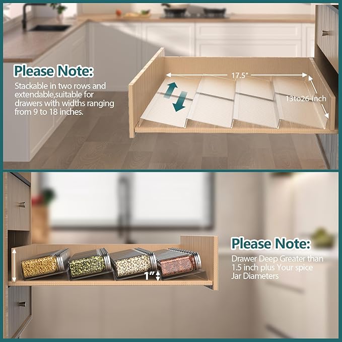 Spice Drawer Organizer, Spice Rack Drawer for Kitchen,4 Tier Clear Acrylic， Expandable From 13" to 26" Spice Rack Tray for Cabinet/Countertop(4 Pcs Clear)