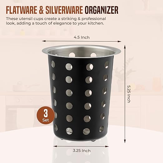 OCS Parts Stainless Steel Utensil Drying Cups | Matte Black | Set of 3 | Perforated Kitchen Flatware and Silverware Holder