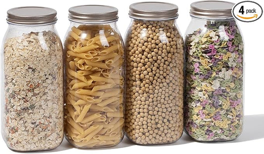 novelinks 4 Pack 64 OZ Plastic Wide Mouth Mason Jars with Airtight Lids - Wide Mouth Half Gallon Large Mason Jar 64 OZ Storage Canning Jar for Kitchen & Household Storage (Rose Gold)