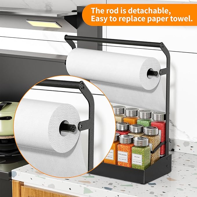 RCHYFEED 2 in 1 Countertop Paper Towel Holder Shelf with Spice Rack,3 Tier Spice Organization for Cabinet,No Drilling Paper Towel Holder with Spice Rack for Kitchen,RV,Seasoning Organizer（Black）