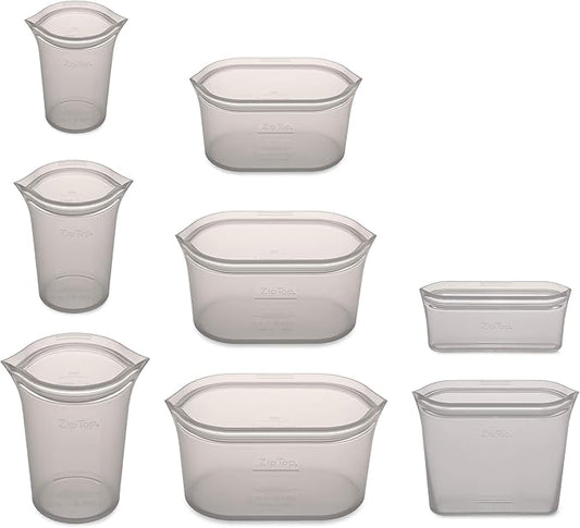 Zip Top Reusable Food Storage Bags | Full Set of 8 [Gray] | Silicone Meal Prep Container | Microwave, Dishwasher and Freezer Safe | Made in the USA